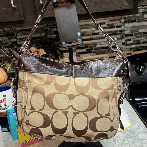 Coach Brown and Tan Signature Shoulder Bag with Leather Trim - Picture 6 of 10